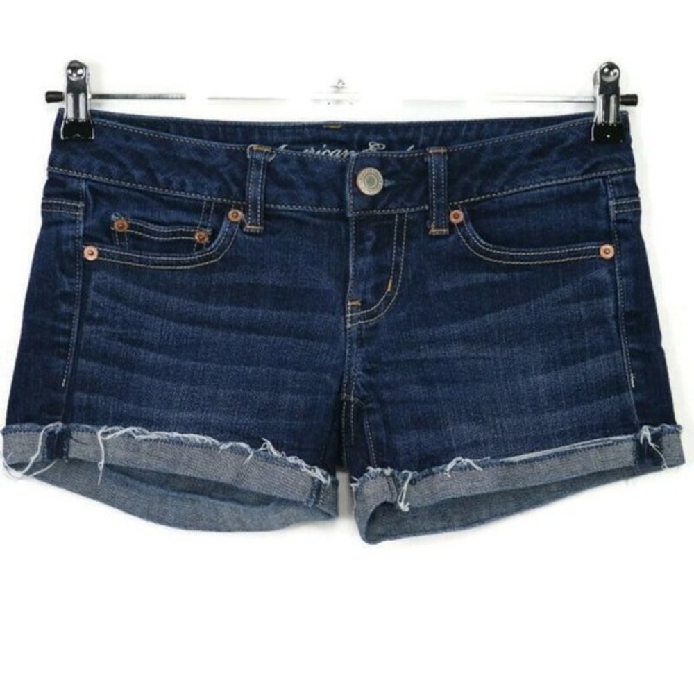 American Eagle‎ Cut Off Jean Shorts Stretch Frayed Dark 0